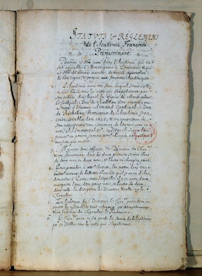First page of the statutes of the French Academy, 1635 by French School