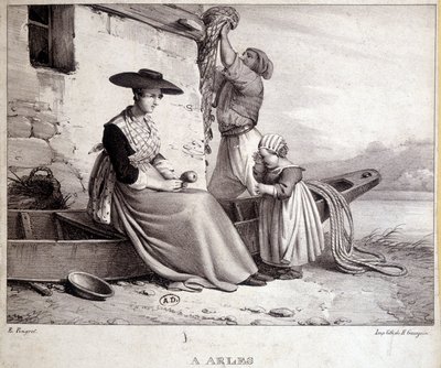 Fisherman, his wife in regional costume and their child in Arles by French School