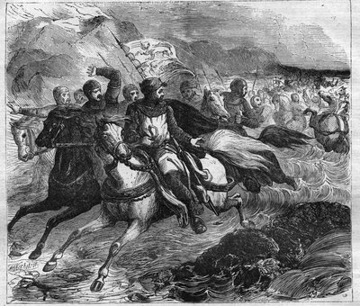 Flight of Emperor Henry IV (1050-1106) in Oppenheim chased by Pope Gregory VII. Engraving in 