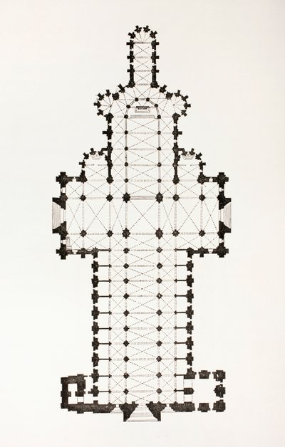 Floor plan of the 13th century ogive style Notre Dame cathedral in Rouen, France, from Les Arts au Moyen Age, published 1873 by French School