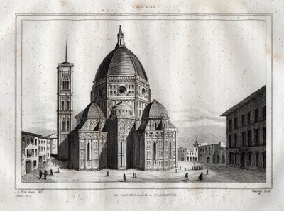 Florence Cathedral - View of the Cathedral of Florence (Duomo Santa Maria del Fiore). The dome was made by Filippo Brunelleschi around 1420-1436, Florence, Italy - Engraving from “Italy Picturesque” - Historical and Descriptive Table of Italy by M. de by French School