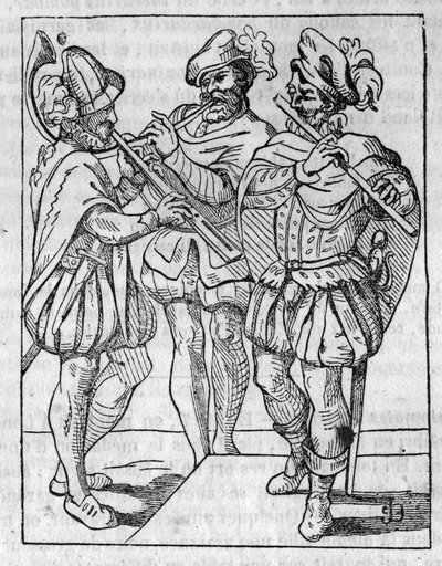 Flute and bugle players in the 16th century. In The Picturesque Store 1836 by French School