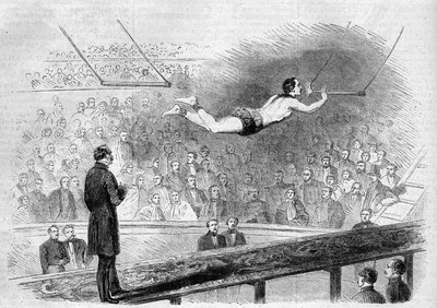 Flying trapeze number by French acrobat Jules Leotard at Cirque de Napoleon, Paris by French School