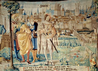 Foundation of the city of Paris. King Francois I (1494-1547) decided to establish his permanent capital in Paris when he returned from captivity in 1527. Tapestry of 