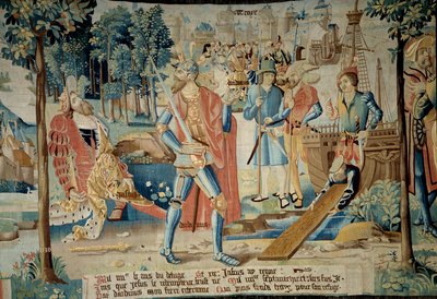 Foundation of the City of Troyes. King Jasius is killed by his brother Dardanus who fled by boat and founded Troyes (in Champagne) represented at the back. Tapestry of 