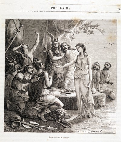 Founding of Marseille: the French city was founded by Greek sailors in 600 BC. Engraving in 