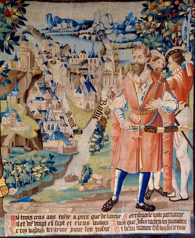 Founding of the City of Lyon: Lugdus Grandson of Galathes, Founder of Gaul, with Companions, Behind Him, the City of Lyon at the Confluence of the Rhone and the Saone, the Mountains of the Alps in the Distance (Tapestry) by French School