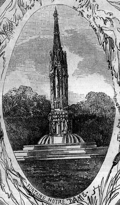 Fountain of Paris: view of the Fountain of the Virgin (Notre Dame Fountain) (circa 1845). Engraving in 