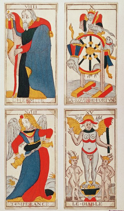 Four tarot cards depicting The Hermit, The Wheel of Fortune, Temperance and The Devil by French School