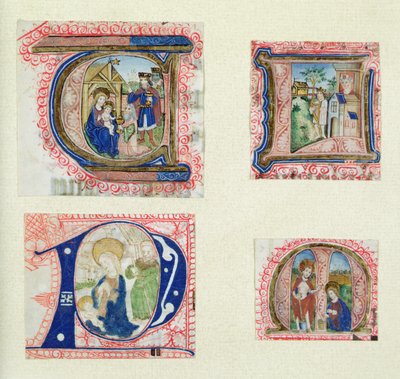 Four historiated initials depicting the Adoration of the Magi, the Crib, David and Bathsheba and Christ in the Garden by French School