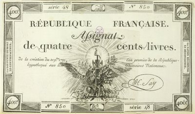 Four hundred livre banknote, 21st September 1792 by French School