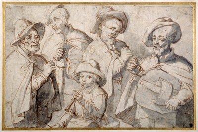 Four hurdy-gurdy players and a boy with a pipe, School of Lorraine by French School