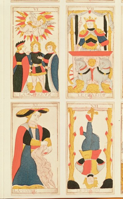 Four tarot cards depicting The Lovers, The Chariot, Strength and The Hanged Man by French School