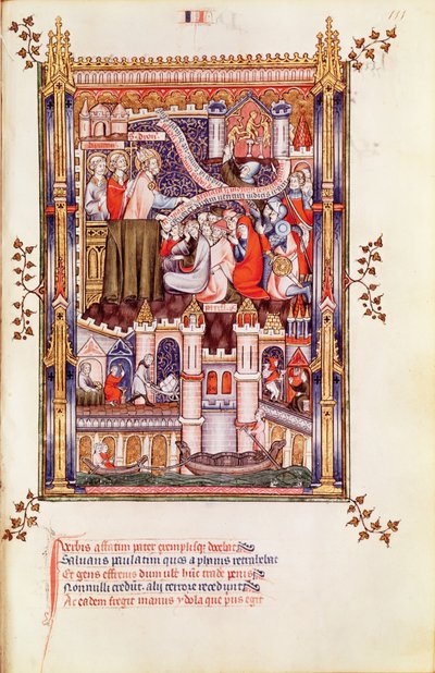 St. Denis preaching to the Parisians who break their pagan idols, from Vie de St. Denis, 1317 by French School