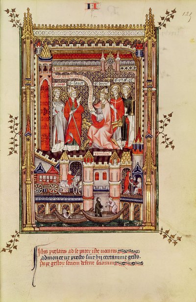 St. Saintin and St. Antonin, being urged to write the story of the life of St. Denis, from Vie de St. Denis, 1317 by French School