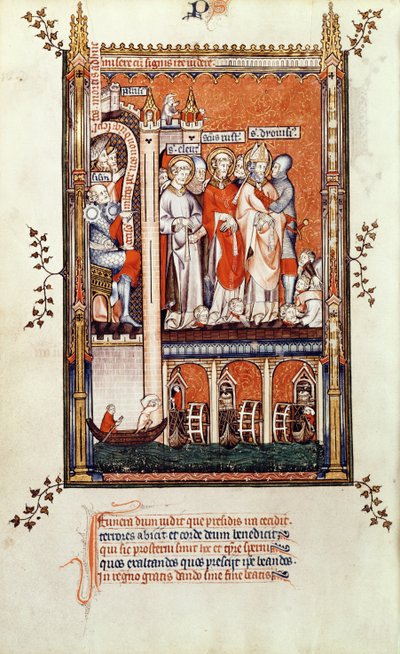 Sisinnius showing the bodies of other Martyrs to St. Denis and his companions, from Vie de St. Denis, 1317 by French School