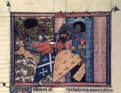 Mounted Crusaders fighting against the Saracens by French School