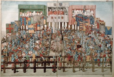 King Rene presiding over a jousting tournament by French School