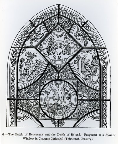Fragment of a Stained Glass Window in Chartres Cathedral, Depicting the Battle of Ronceveaux and the Death of Roland, Illustration from Science and Literature in the Middle Ages and Renaissance by French School