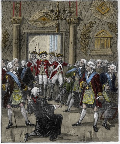 Freemasonry at Hotel de Soisson in Paris in June 1745: Freemason ceremony interrupted by the arrival of a police commissioner. Engraving in 