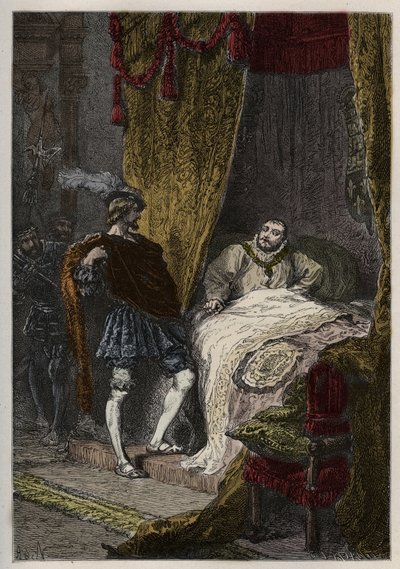 Francis I surprises Henry VIII at the fields of the cloth of gold - engraving from L