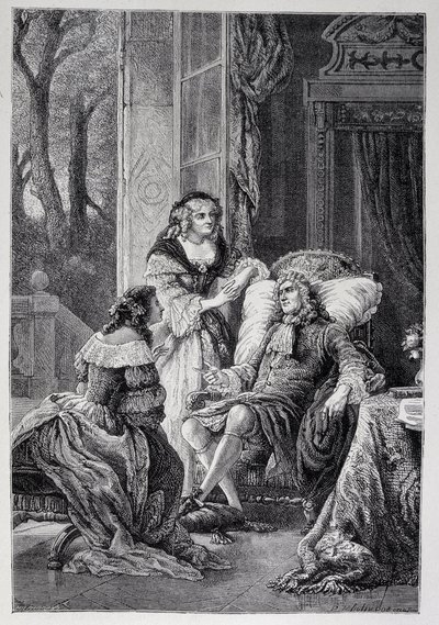 Francois de la Rochefoucauld (1613-1680) talking with Mademoiselle de Sevigne (Marie de Rabutin-Chantal), Marquise de Sevigne (1626-1696) and Marie-Madeleine Pioche de La Vergne, Countess de Lafayette by French School