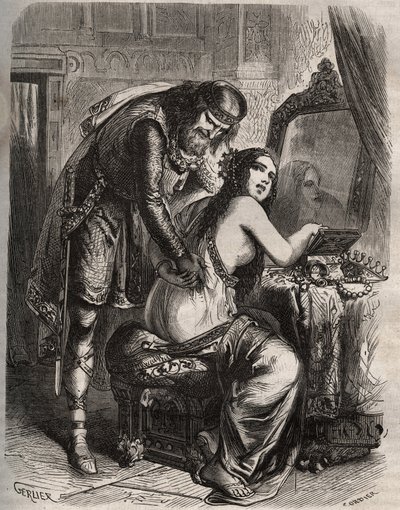 Fredegonde (545-597) Takes Her Husband, King of the Franks Chilperic I (543-597), for Her Lover, Landeric. The King Discovers as His Wife Cheats on Him. Engraving from 1871 in 