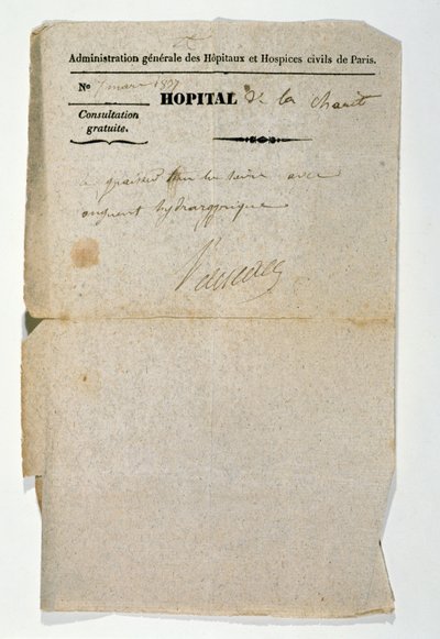 Free prescription from the Hopital de la Charite, Paris, 7th March 1837 by French School