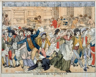 Freedom of the press during the French Revolution: Article 10 of the Declaration of Human Rights (26/08/1789). Article 10, which provides for freedom of opinion, leads to the anarchist birth of the press of all kinds. Engraving of the 18th century by French School