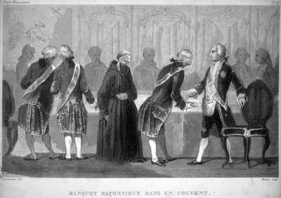 Freemasonry: Masonic banquet in a convent. Engraving from 