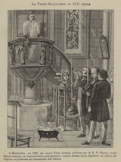 Freemasonry in the 19th Century: three Masons converting and burning their diplomas in a church in Montauban by French School