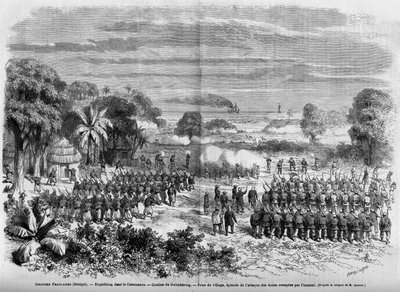 French Colonies (Senegal) 1865: Expedition in Casamance. Battle of Guimbering, Capture of the village, episode of the attack on the dunes occupied by the enemy by French School