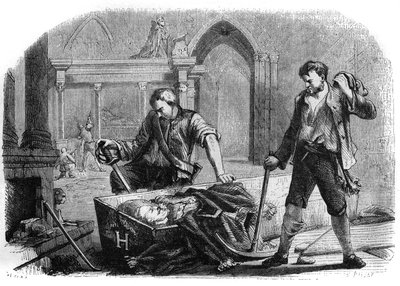 French Revolution (Convention): opening of the coffin of King Henry IV during the desecration of the royal tombs of the church of Saint Denis in 1793. Engraving from 1860 by French School