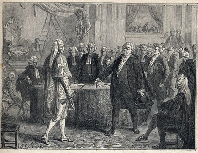 French Revolution - General Assembly on 23/06/1789: Honore Gabriel Riqueti, Count of Mirabeau (1749-1791) addressing Henri Evrard, Marquis of Dreux Breze (1762-1829). Engraving from 1889. Private collection by French School
