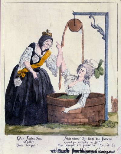 French Revolution: Cartoon against Queen Marie Antoinette (1755-1793) fell to the bottom of a well for wanting to quench her thirst for French blood by French School