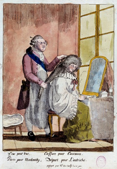 French Revolution: Cartoon on the flight of the royal family to Varenne on 20 and 21/06/1791: King Louis XVI styling Queen Marie Antoinette was supposed to leave with the false passport of governess of the children of the Baroness of Korff. Anonymous colou by French School
