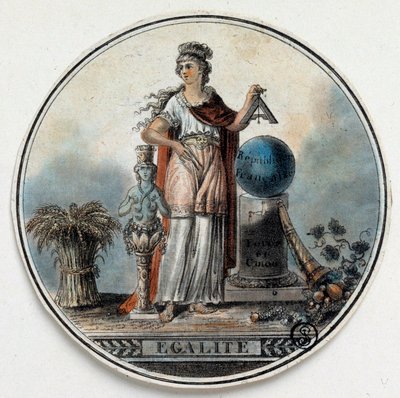 French Revolution: allegory of Equality as a woman holding a square near the French republic, a horn of abundance. Late 18th century Paris, B.N. by French School
