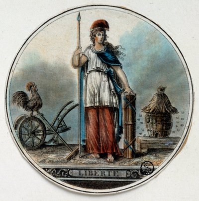 French Revolution: allegory of Liberty as a woman near a beehive and a rooster by French School