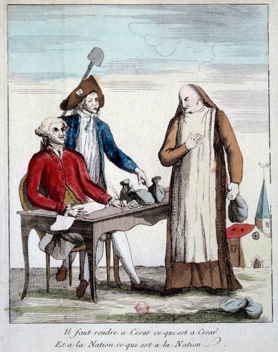 French Revolution: caricatural representation of a member of the clergy forced to return the property of the church. 