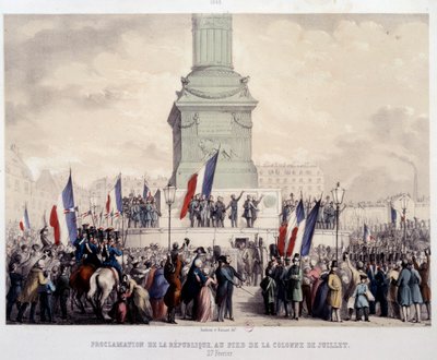 French Revolution of 1848: proclamation of the Second Republic at the foot of the July column on Place de la Bastille on 25/02/1848. Lithograph of the 19th century. Paris, Musee Carnavalet by French School