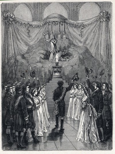 French Revolution: the goddess of reason at the Notre-Dame Cathedral in Paris during a celebration given in the honor of the destruction of fanaticism on November 10 by French School