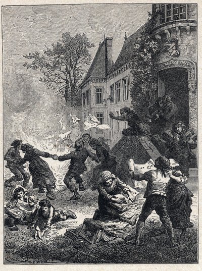 French Revolution: the peasants burned their feudal titles and danced around the fire to celebrate the abolition of privileges in August 1789. Engraving from 1889. Private collection by French School