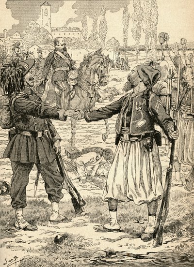 French and Sardinian soldiers shaking hands to celebrate their victory against the Austrians after the Battle of Palestro, Italy by French School
