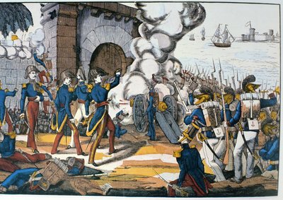 French attack on the Mexican fortress of San Juan de Ulua during the Pastry War of 1838 by French School