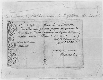 French banknote for ten pounds from the Law Bank, dated 1st April 1719 by French School