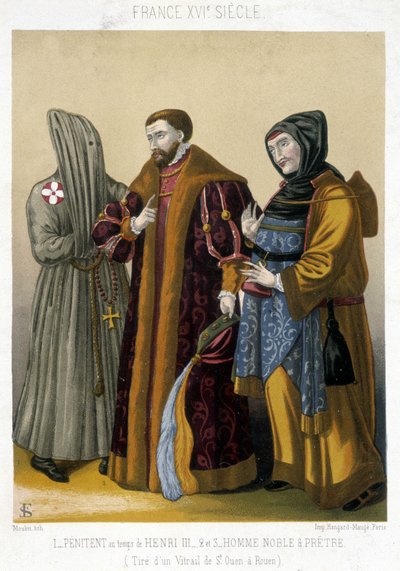 French costumes in the 16th century: On the left, a penitent, in the center a noble and on the right a priest. Illustration of the 19th century from Saint Ouen to Rouen by French School