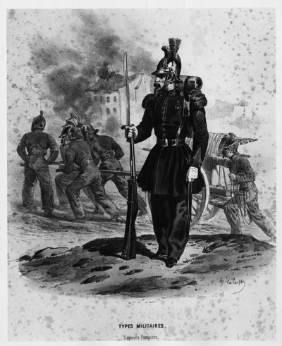French fire fighters around 1860 - drawing, Bibl. des Arts deco. by French School