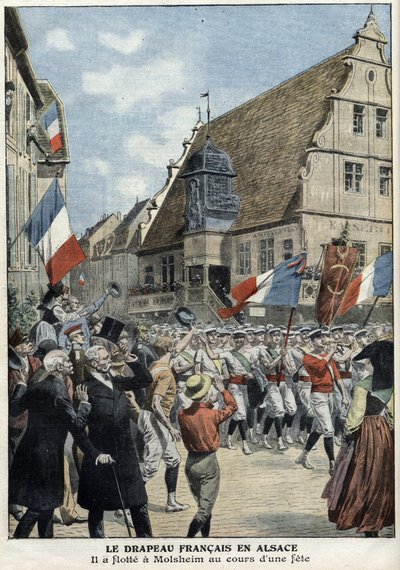 French flag floating again in the streets of Molsheim, Alsace, during sports fair in Le Petit Journal of July 4 by French School