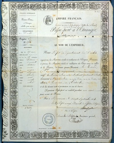 French passport, from Besancon, 20th September 1854 by French School