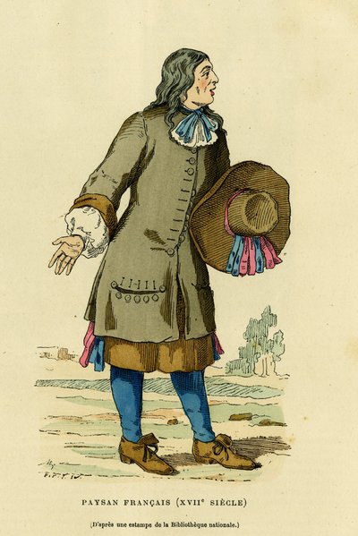 French peasant costume in the 18th century. Engraving in colours after a print of the national bibliothèque, in 